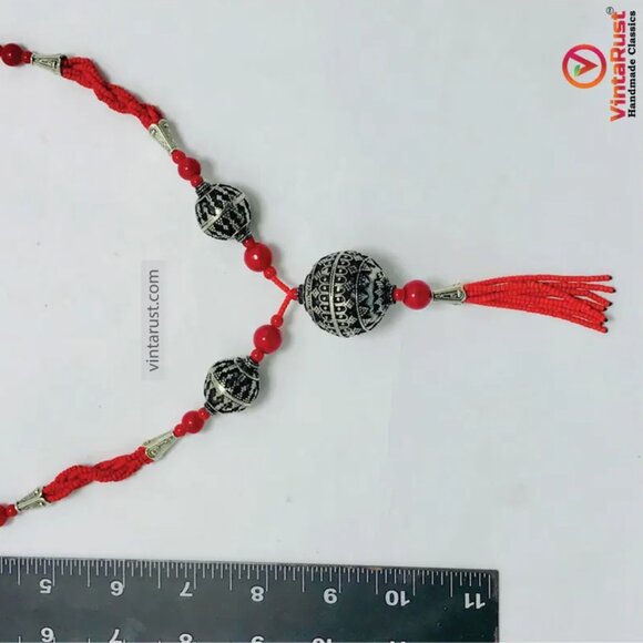 Handmade Red Beaded Necklace with Tribal Tassel Pendant, Beaded Chain Necklace - Picture 12 of 13